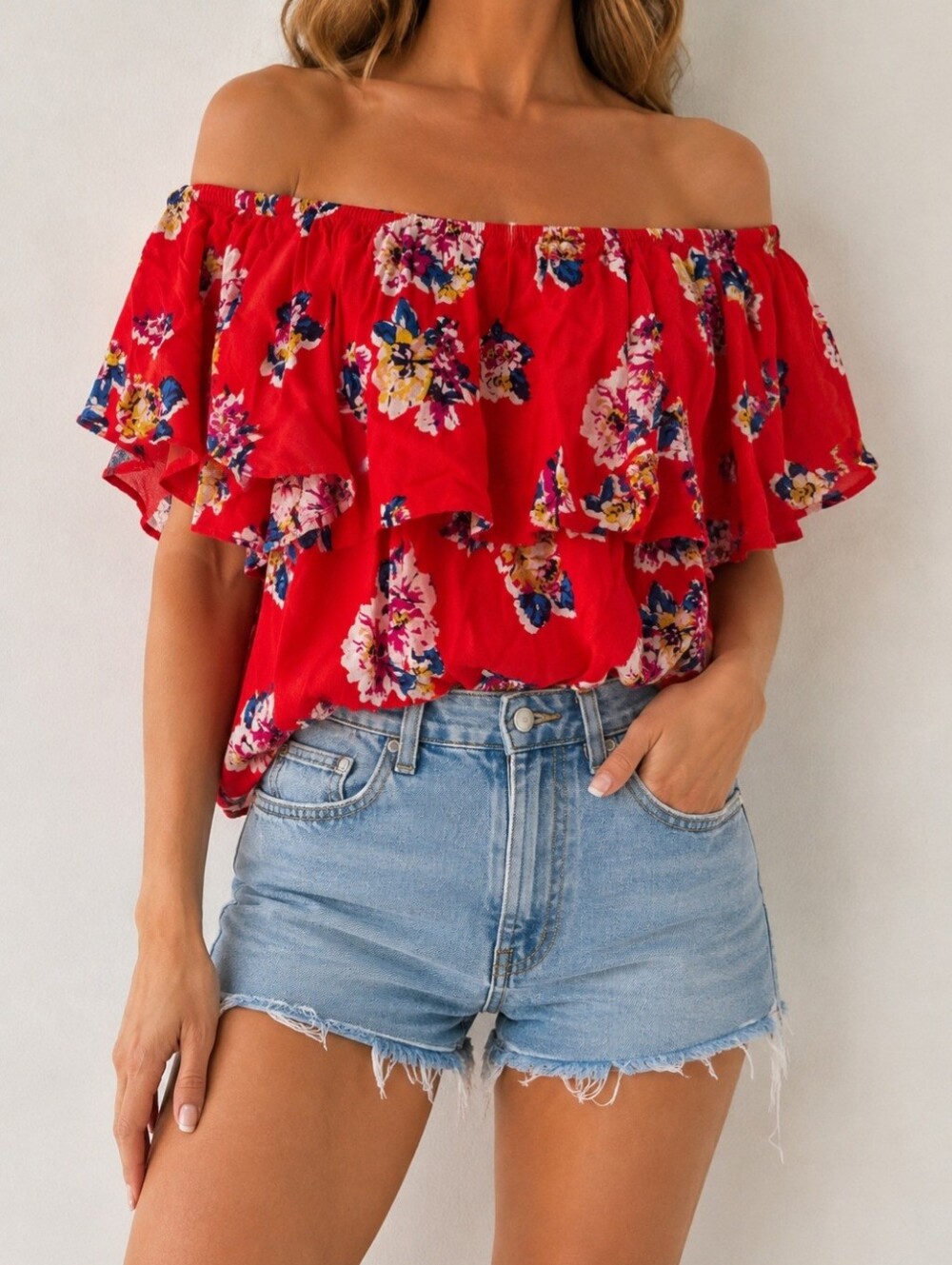 BP Red Floral Off-Shoulder Ruffle Blouse